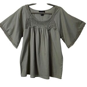 Boho Gypsy Marianne Sage Green Cotton Crochet Lace Flutter Sleeve Blouse XL